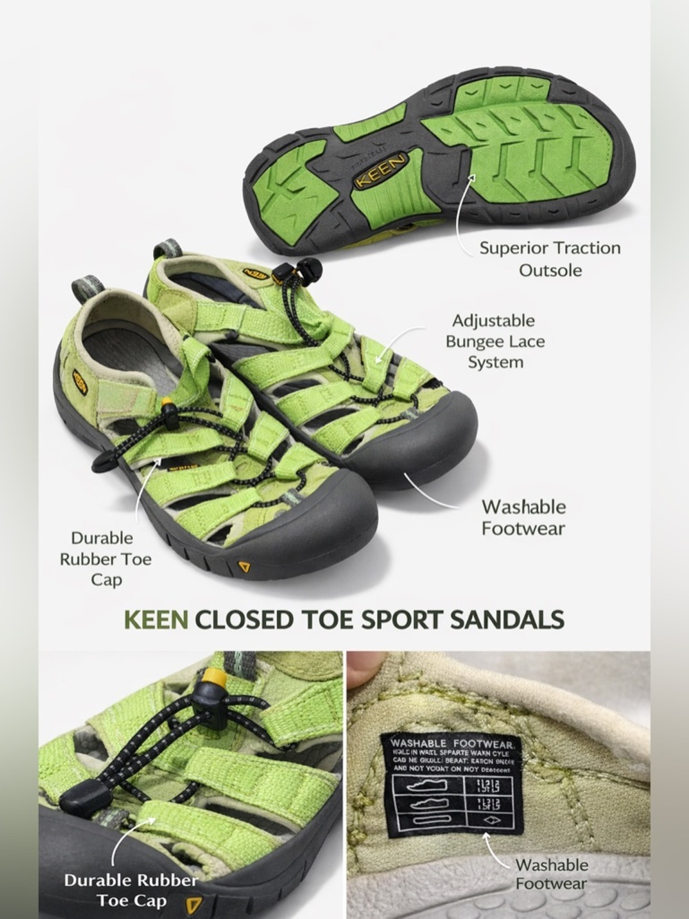 Keen hiking sandals closed toe waterproof bungee lace fun lime 🍋‍🟩 green size 6 - Picture 5 of 10